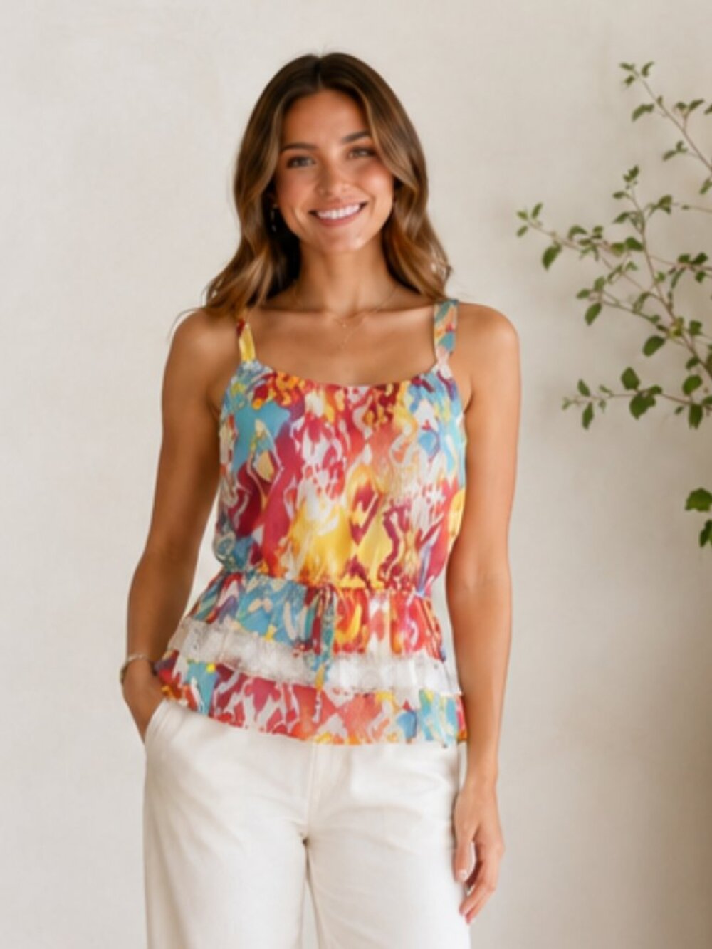 Margo & Sebastian Multicolor Ruffle Tank Top XS Boho Summer Top